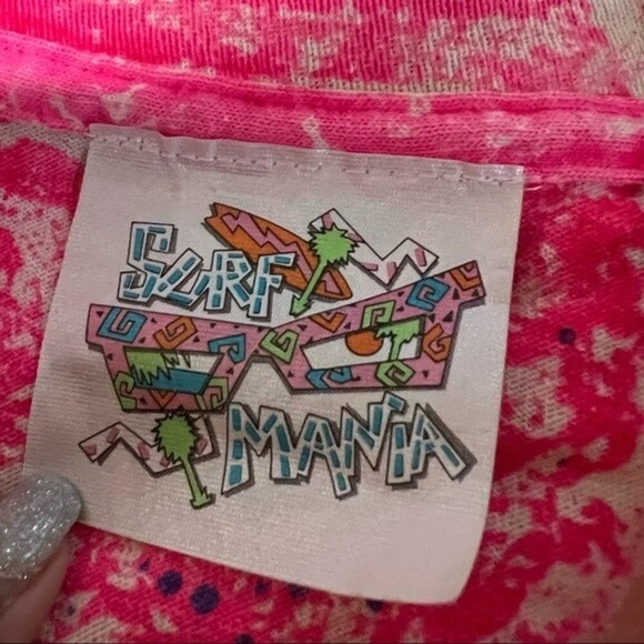 VTG Surf Mania Fruit of the Loom Neon Pink, Green Palm Tree Splatter T-shirt - Picture 7 of 9
